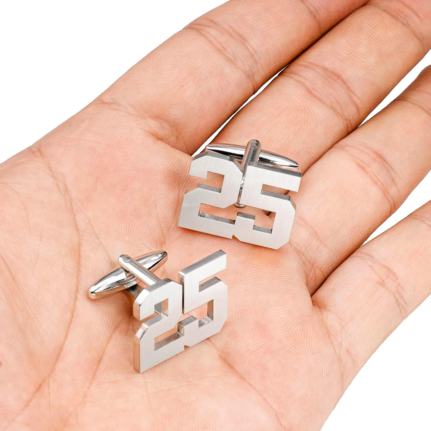 AMITER Mens Cufflinks with Number, Classic Silver Personalized Cuff Links for Men, Sports Day Casual or Formal Shirts
