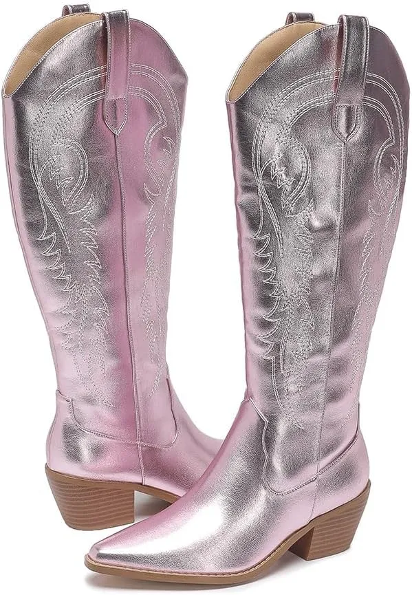 Amoji Women Western Cowboy Boots Pointed Toe Cowgirl Knee High Boots Pull On With Zipper 307