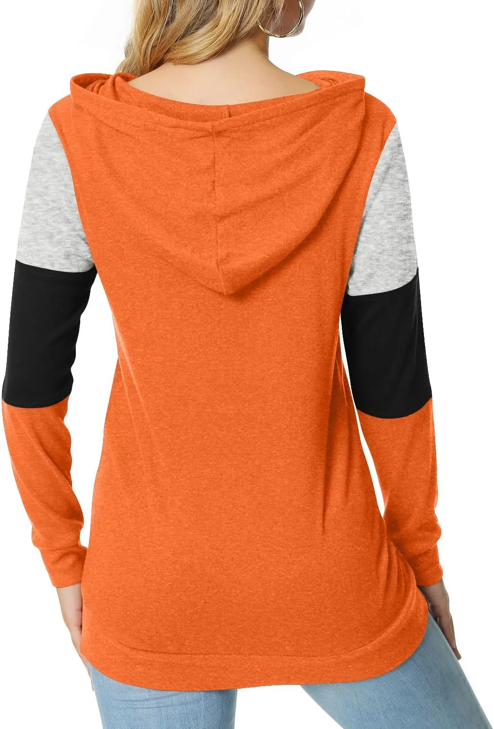 CATHY Women's Casual Drawstring Pullover Tunic Top Long Sleeve Color Block Hoodie Sweatshirts With Pocket