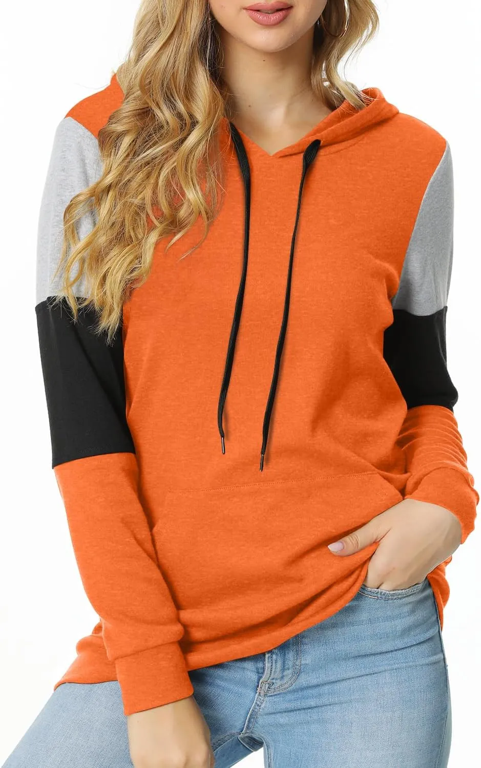 CATHY Women's Casual Drawstring Pullover Tunic Top Long Sleeve Color Block Hoodie Sweatshirts With Pocket