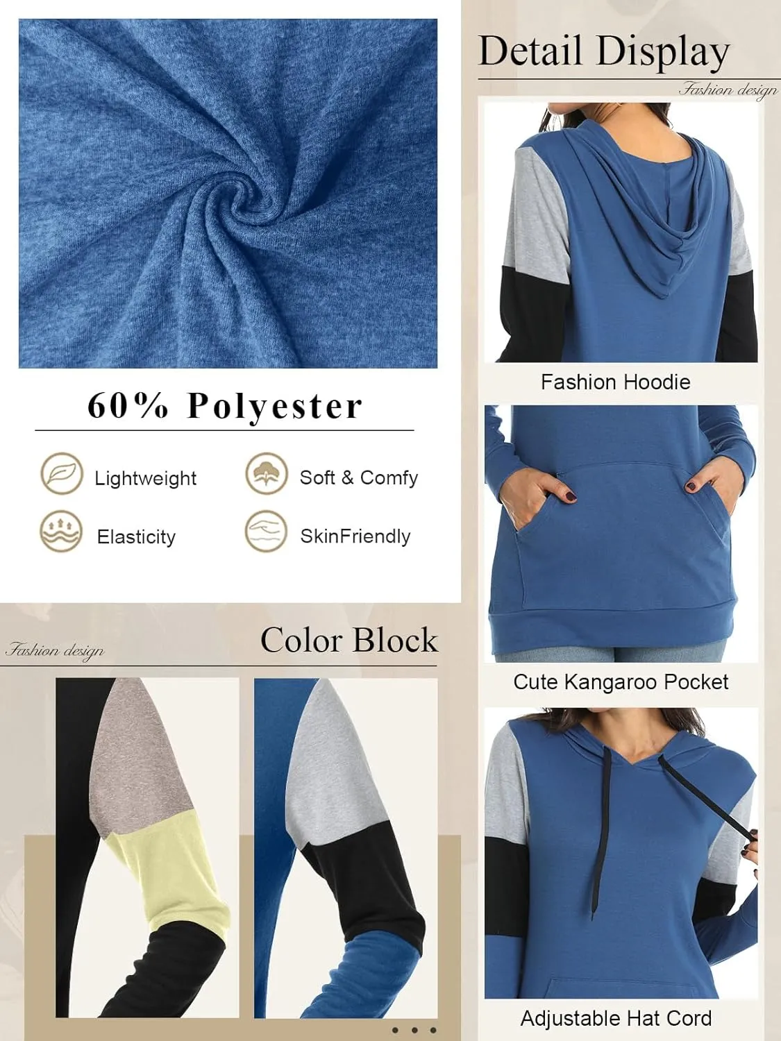 CATHY Women's Casual Drawstring Pullover Tunic Top Long Sleeve Color Block Hoodie Sweatshirts With Pocket