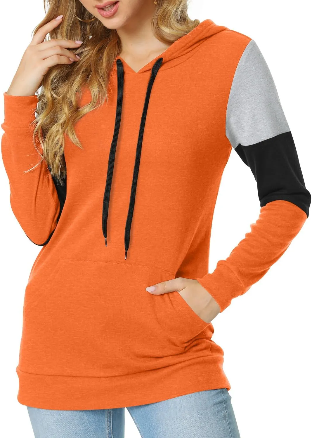 CATHY Women's Casual Drawstring Pullover Tunic Top Long Sleeve Color Block Hoodie Sweatshirts With Pocket