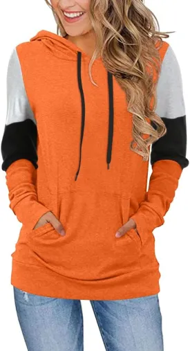 CATHY Women's Casual Drawstring Pullover Tunic Top Long Sleeve Color Block Hoodie Sweatshirts With Pocket