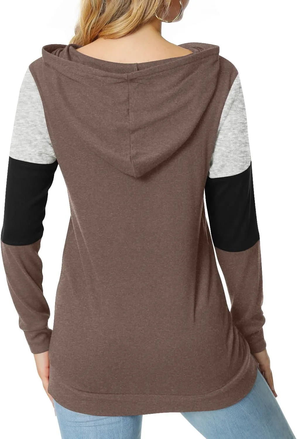 CATHY Women's Casual Drawstring Pullover Tunic Top Long Sleeve Color Block Hoodie Sweatshirts With Pocket