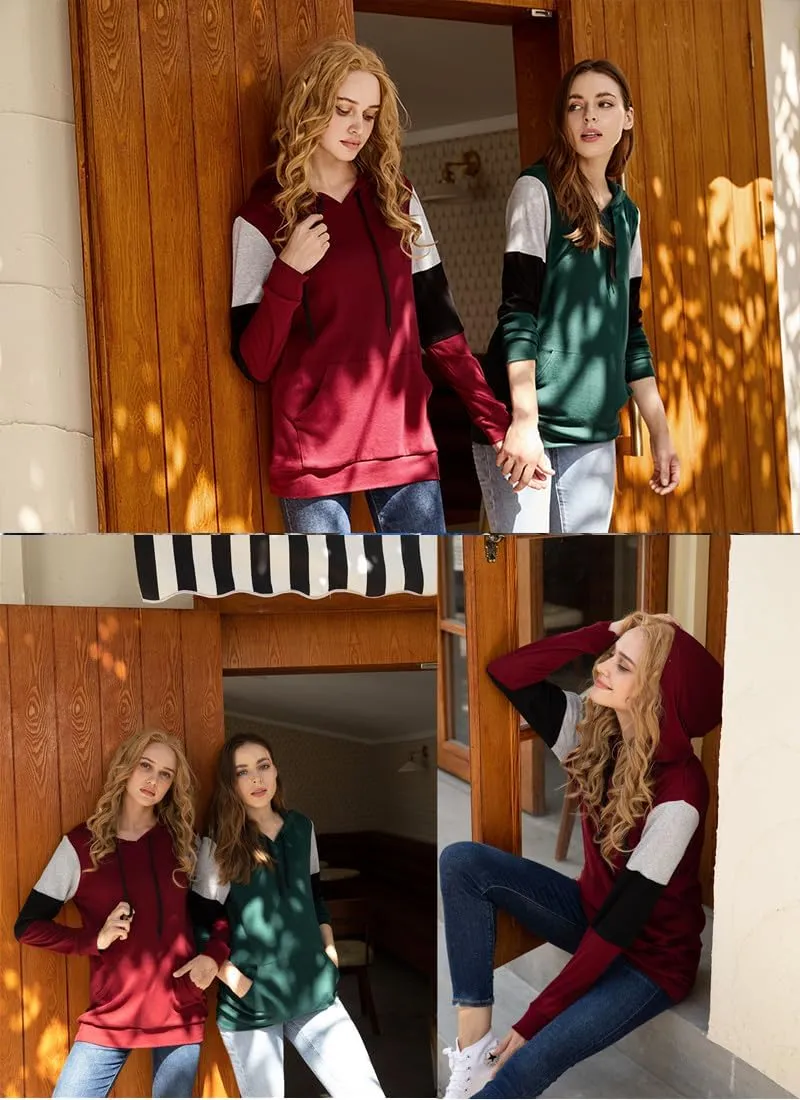 CATHY Women's Casual Drawstring Pullover Tunic Top Long Sleeve Color Block Hoodie Sweatshirts With Pocket