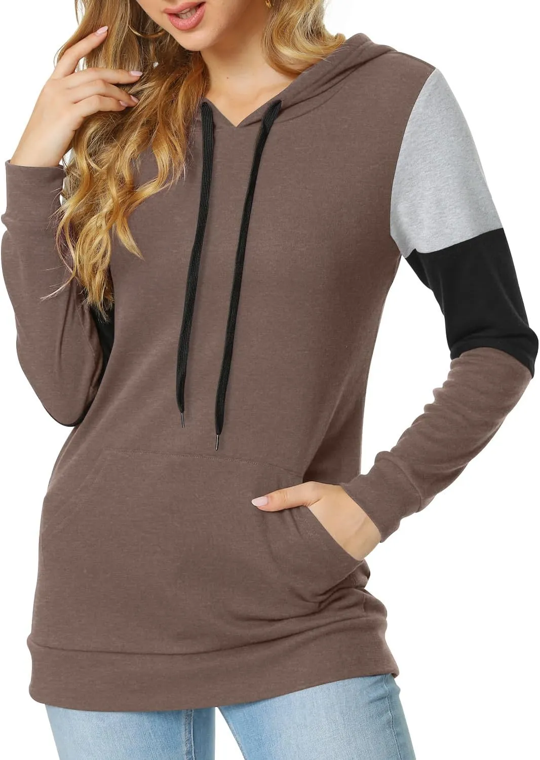 CATHY Women's Casual Drawstring Pullover Tunic Top Long Sleeve Color Block Hoodie Sweatshirts With Pocket