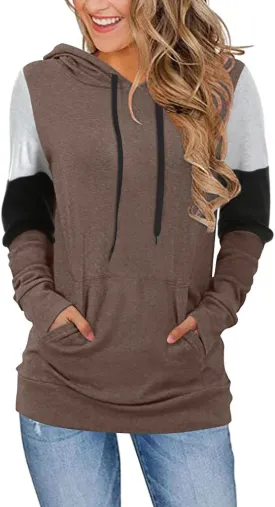 CATHY Women's Casual Drawstring Pullover Tunic Top Long Sleeve Color Block Hoodie Sweatshirts With Pocket