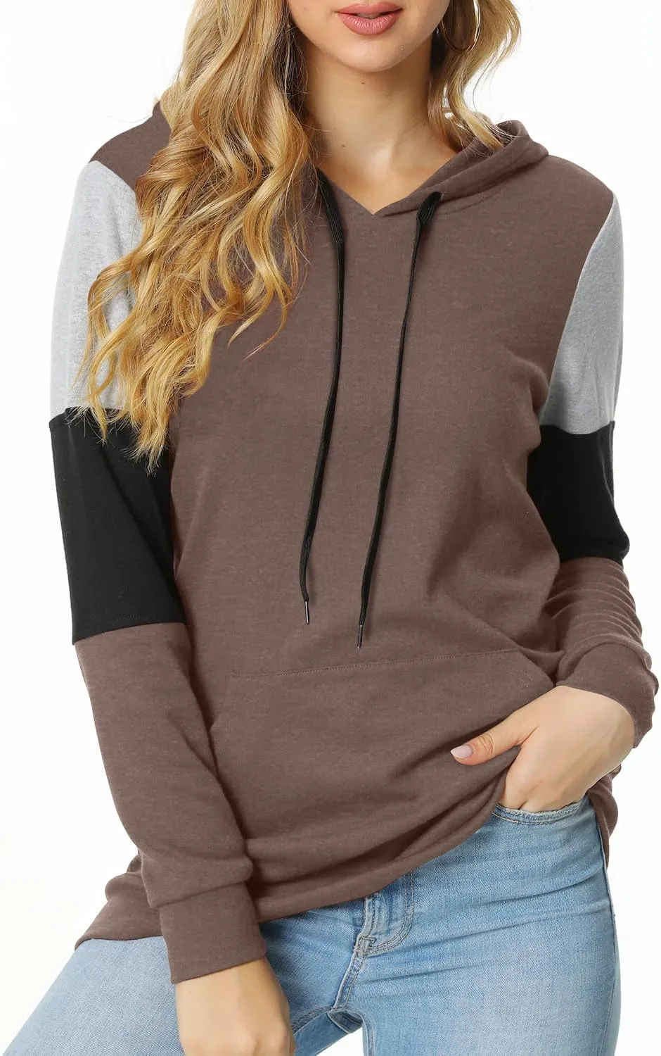 CATHY Women's Casual Drawstring Pullover Tunic Top Long Sleeve Color Block Hoodie Sweatshirts With Pocket