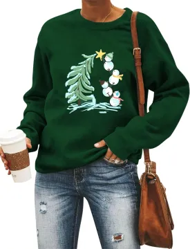Christmas Sweatshirts for Women Cute Xmas Snowman Graphic Pullover Long Sleeve Christmas Tree Holiday Tops