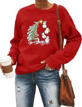 Christmas Sweatshirts for Women Cute Xmas Snowman Graphic Pullover Long Sleeve Christmas Tree Holiday Tops