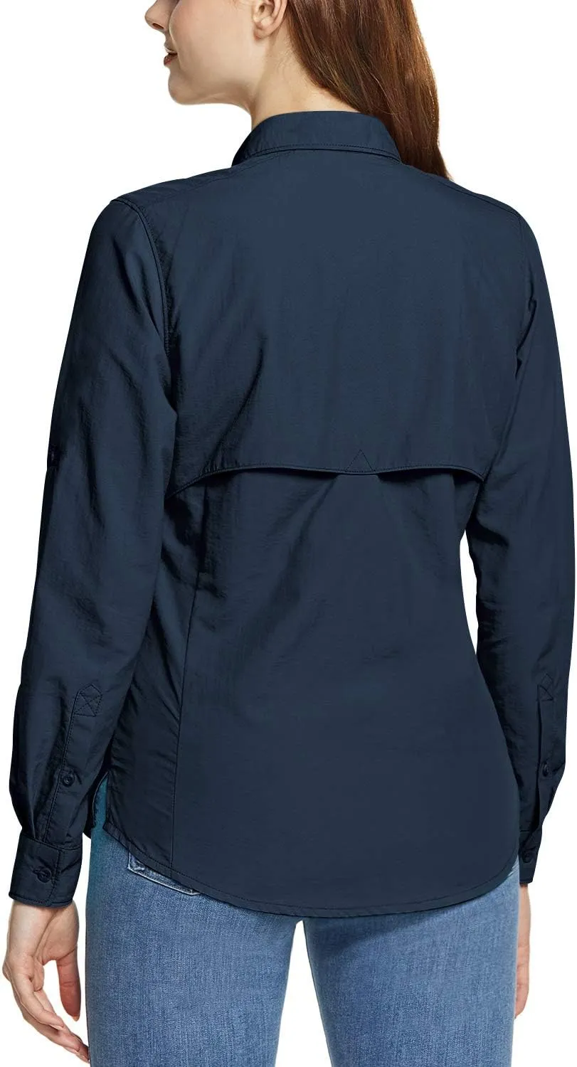 CQR Women's UPF 50  Long Sleeve Hiking Shirts, Quick Dry Outdoor UV/Sun Protection Button Down Shirts