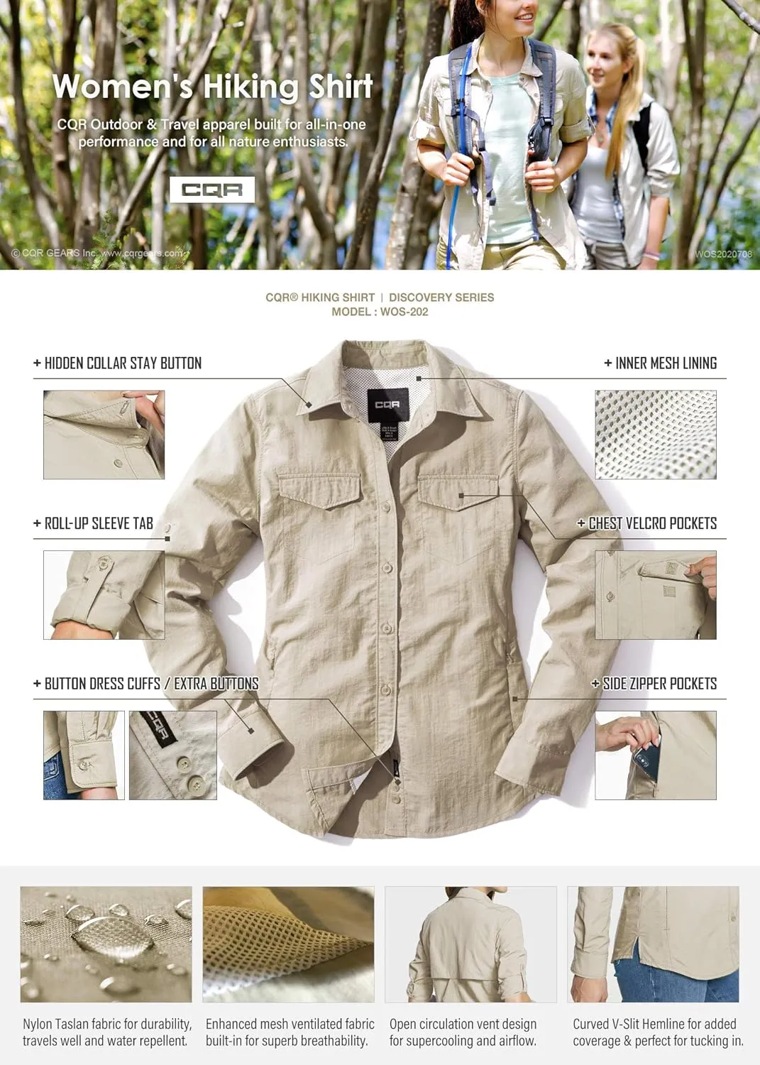 CQR Women's UPF 50  Long Sleeve Hiking Shirts, Quick Dry Outdoor UV/Sun Protection Button Down Shirts