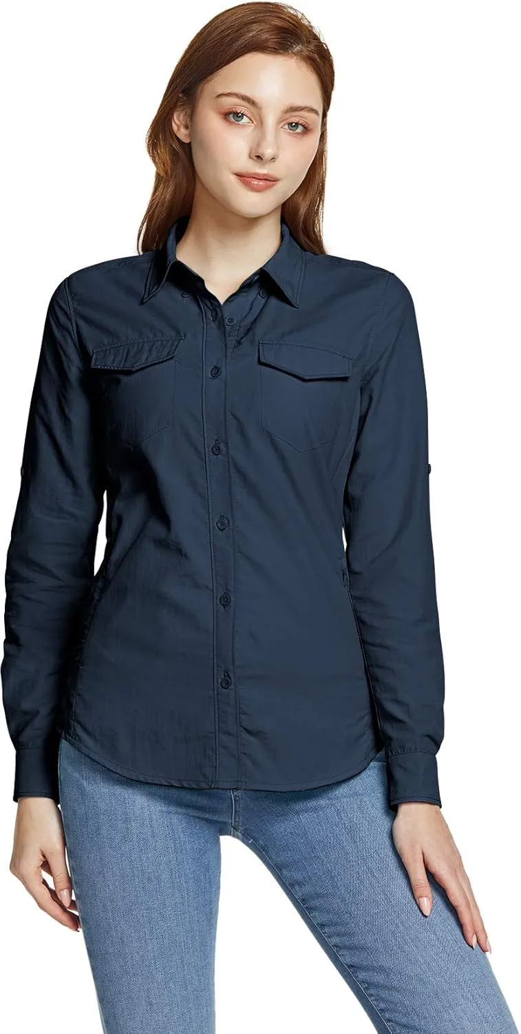 CQR Women's UPF 50  Long Sleeve Hiking Shirts, Quick Dry Outdoor UV/Sun Protection Button Down Shirts