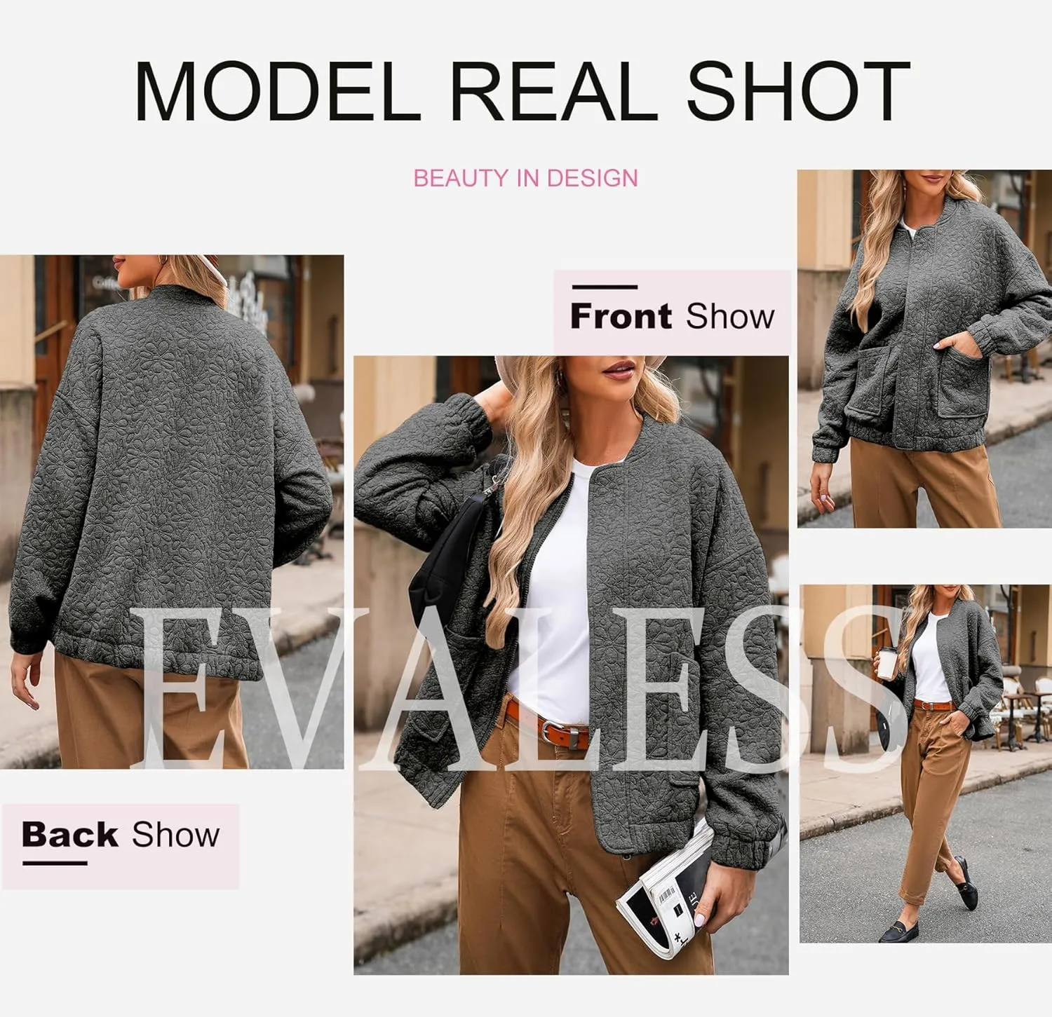 EVALESS Bomber Jackets for Women Spring Fashion 2025 Cute Jacquard Coats Lightweight Zip Up Jackets Dressy Casual
