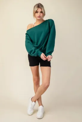 French Terry Fleece Off Shoulder Sweatshirt Hunter Green