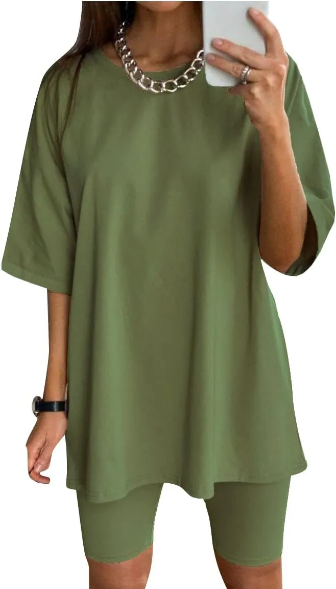 Glamaker Women 2 Piece Outfit sets Casual Oversized T-Shirt Tops Biker Shorts Workout Sports Tracksuit