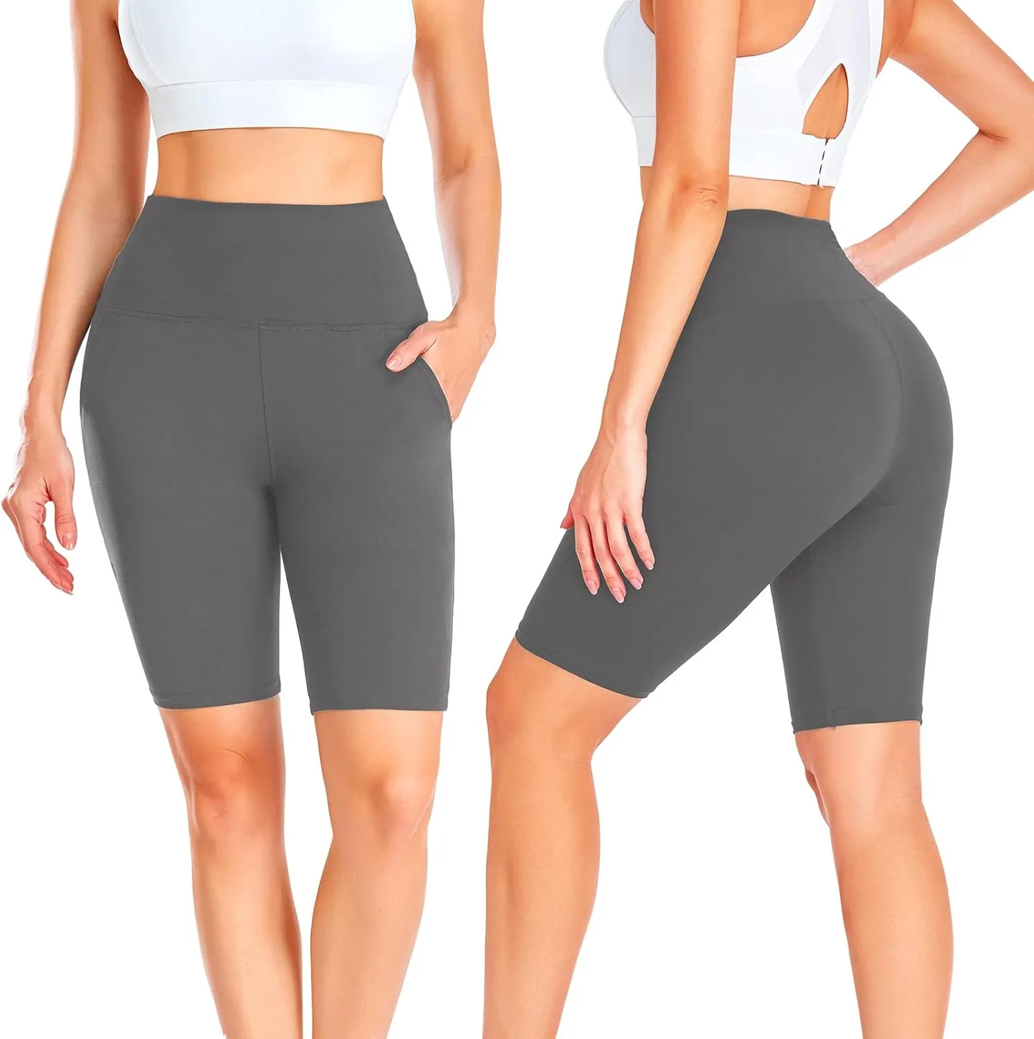 GROTEEN Biker Shorts Women with Pockets - 8'' High Waisted Tummy Control Yoga Workout Running Gym Spandex Shorts