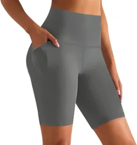 GROTEEN Biker Shorts Women with Pockets - 8'' High Waisted Tummy Control Yoga Workout Running Gym Spandex Shorts