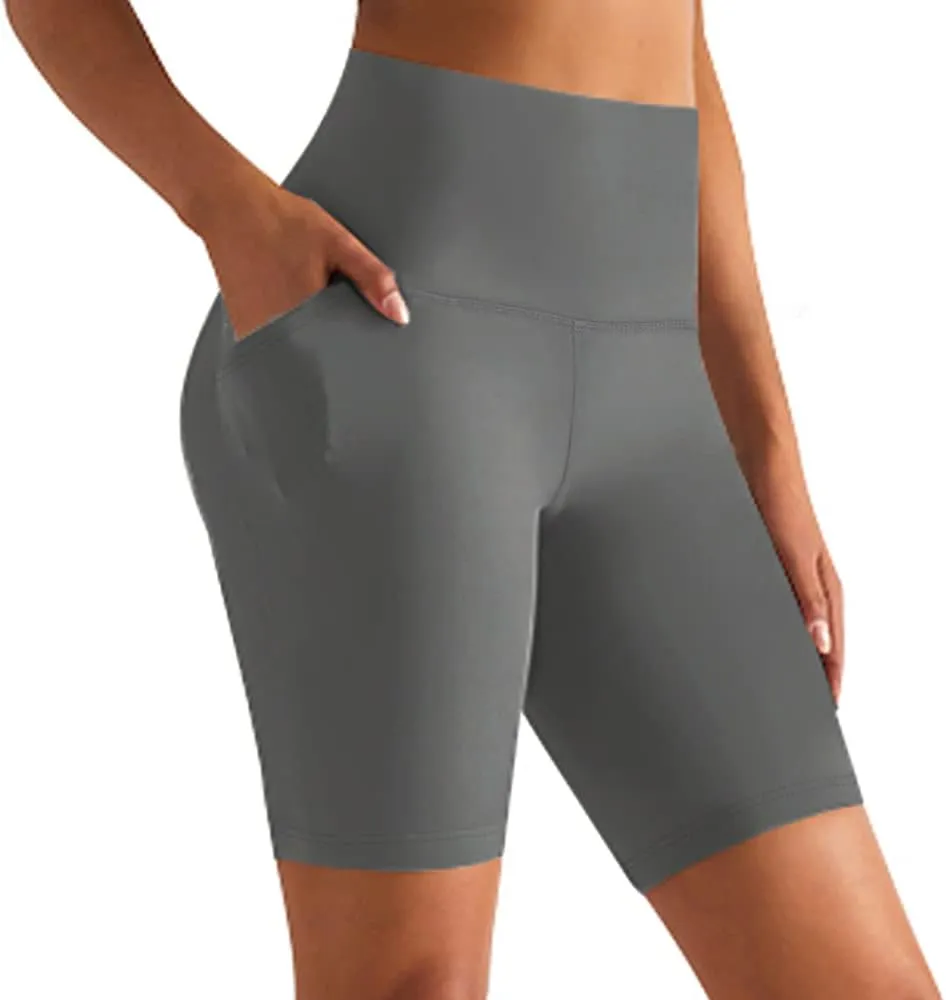 GROTEEN Biker Shorts Women with Pockets - 8'' High Waisted Tummy Control Yoga Workout Running Gym Spandex Shorts
