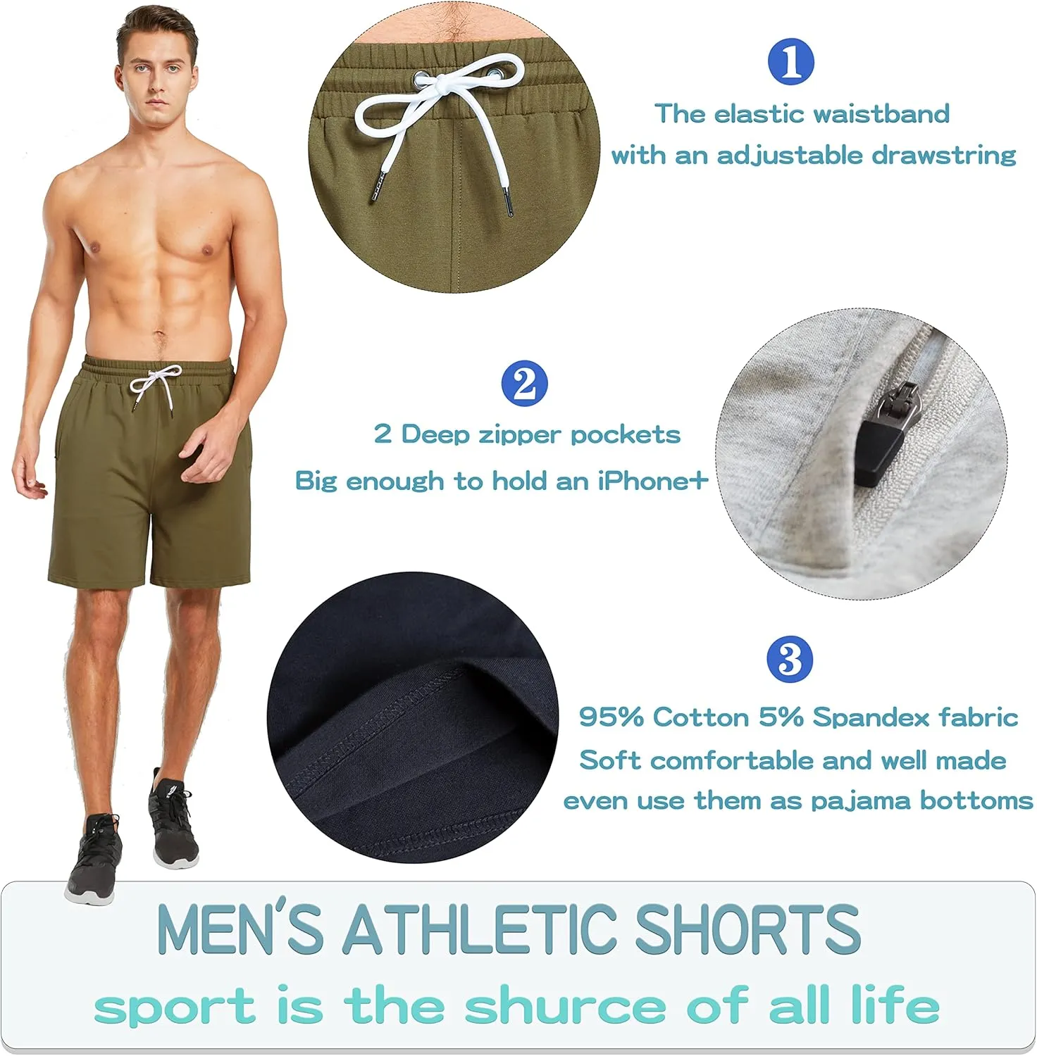 HEALONG Mens Athletic Shorts Cotton: Workout Gym Running Exercise Training - 7" Drawstring Fashion Sports with Zipper Pockets