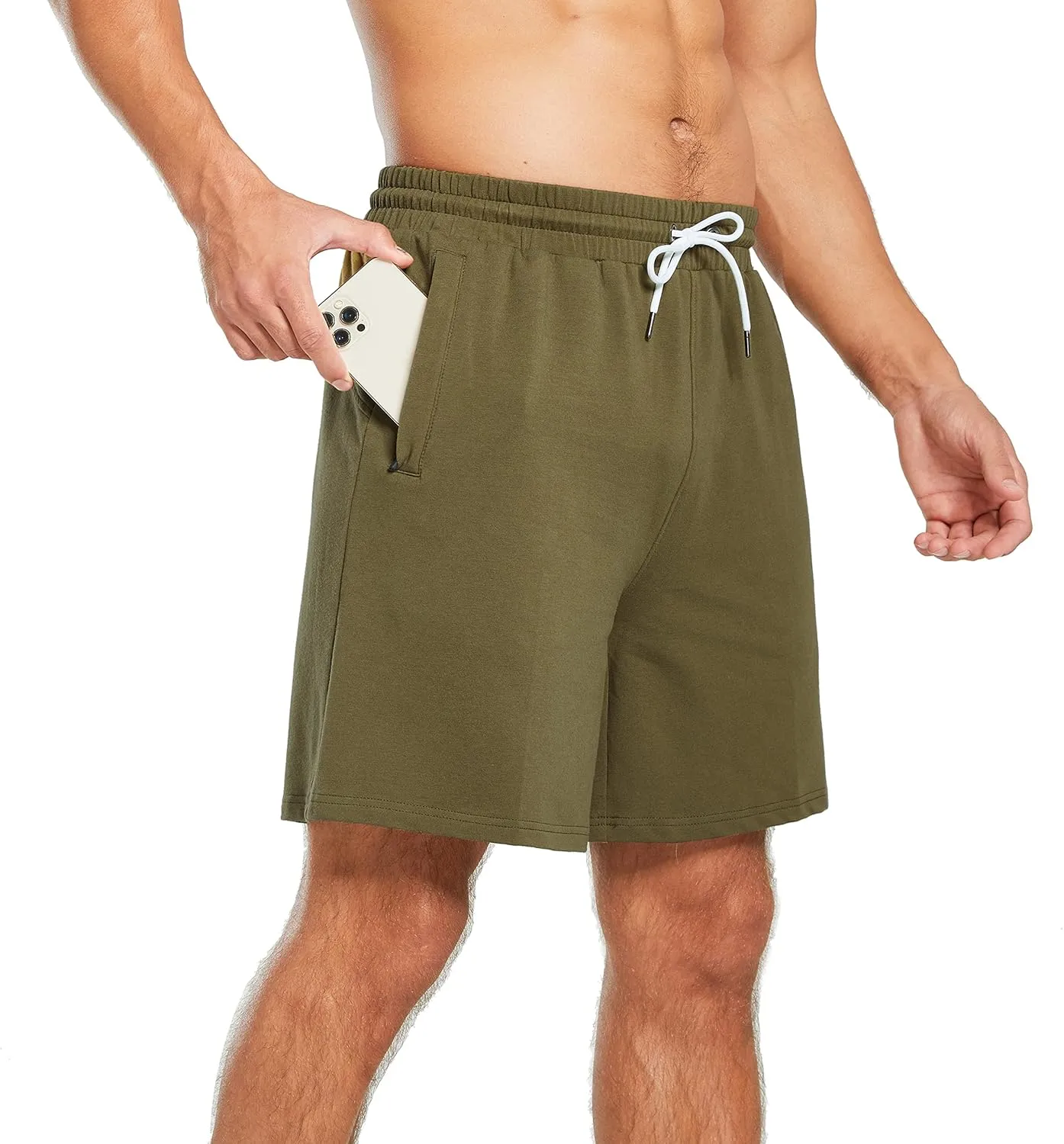 HEALONG Mens Athletic Shorts Cotton: Workout Gym Running Exercise Training - 7" Drawstring Fashion Sports with Zipper Pockets