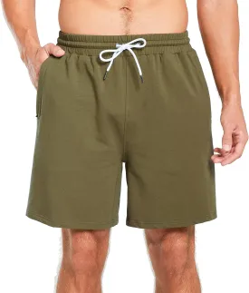 HEALONG Mens Athletic Shorts Cotton: Workout Gym Running Exercise Training - 7" Drawstring Fashion Sports with Zipper Pockets