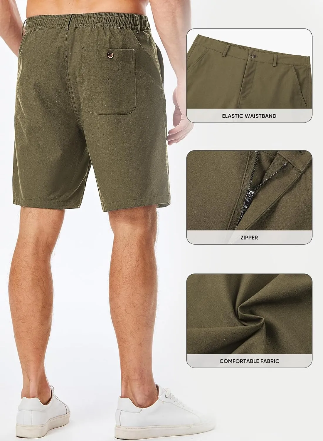 JMIERR Mens Casual 8" Cotton Linen Shorts - Button Waist Summer Beach Shorts with Pockets