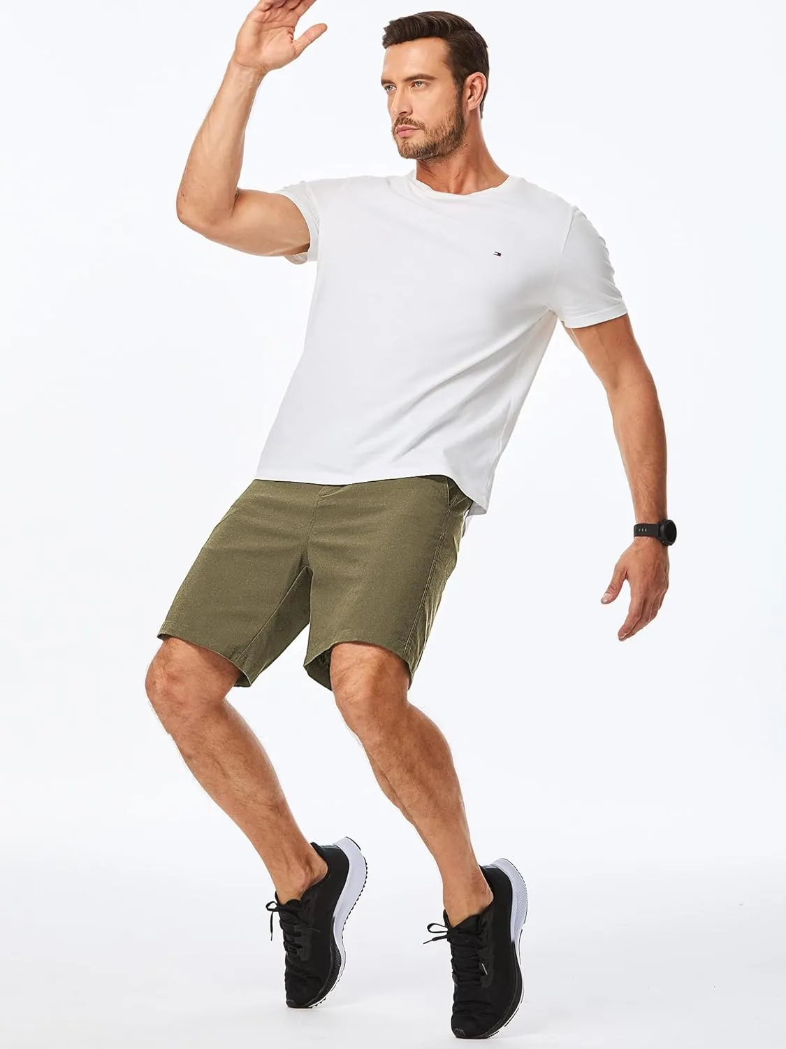 JMIERR Mens Casual 8" Cotton Linen Shorts - Button Waist Summer Beach Shorts with Pockets