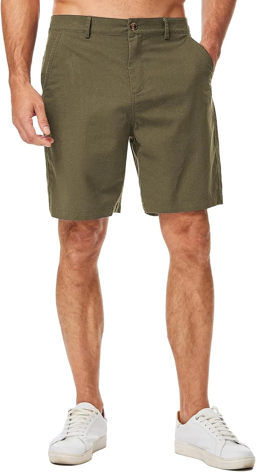 JMIERR Mens Casual 8" Cotton Linen Shorts - Button Waist Summer Beach Shorts with Pockets
