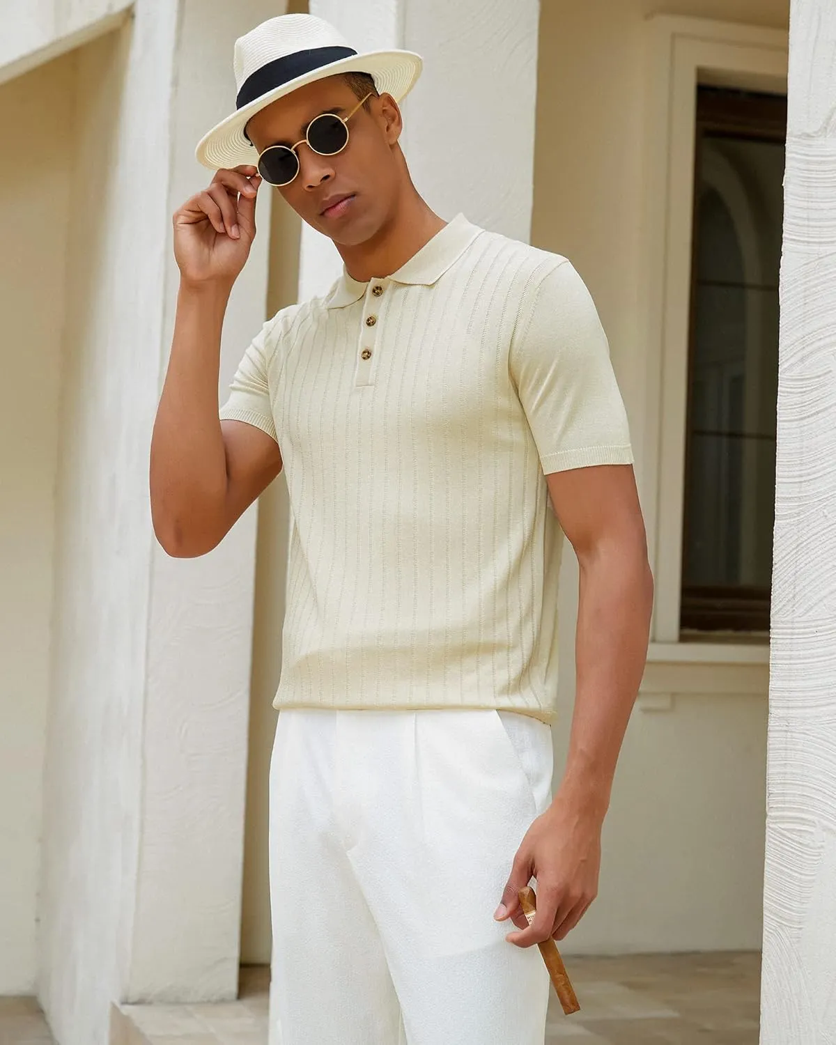 Kallspin Men's Vintage Knitted Polo Shirt Short Sleeve Solid Collared Golf Shirts with Button