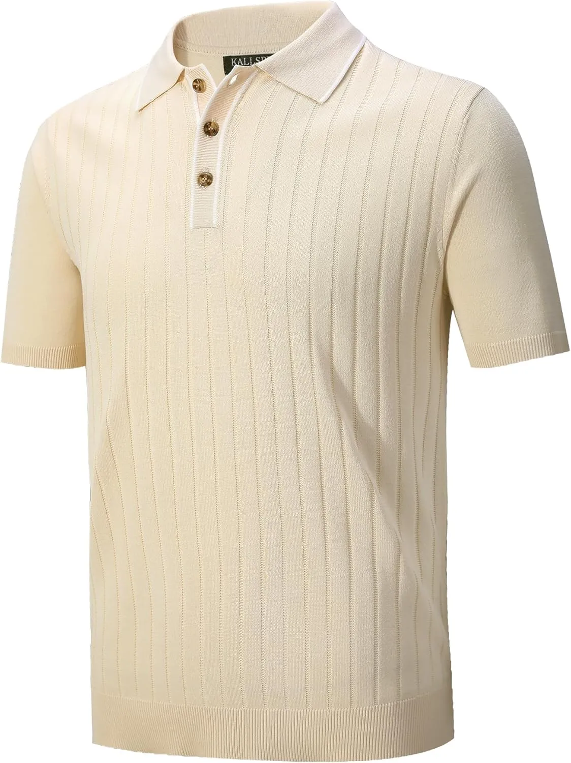 Kallspin Men's Vintage Knitted Polo Shirt Short Sleeve Solid Collared Golf Shirts with Button