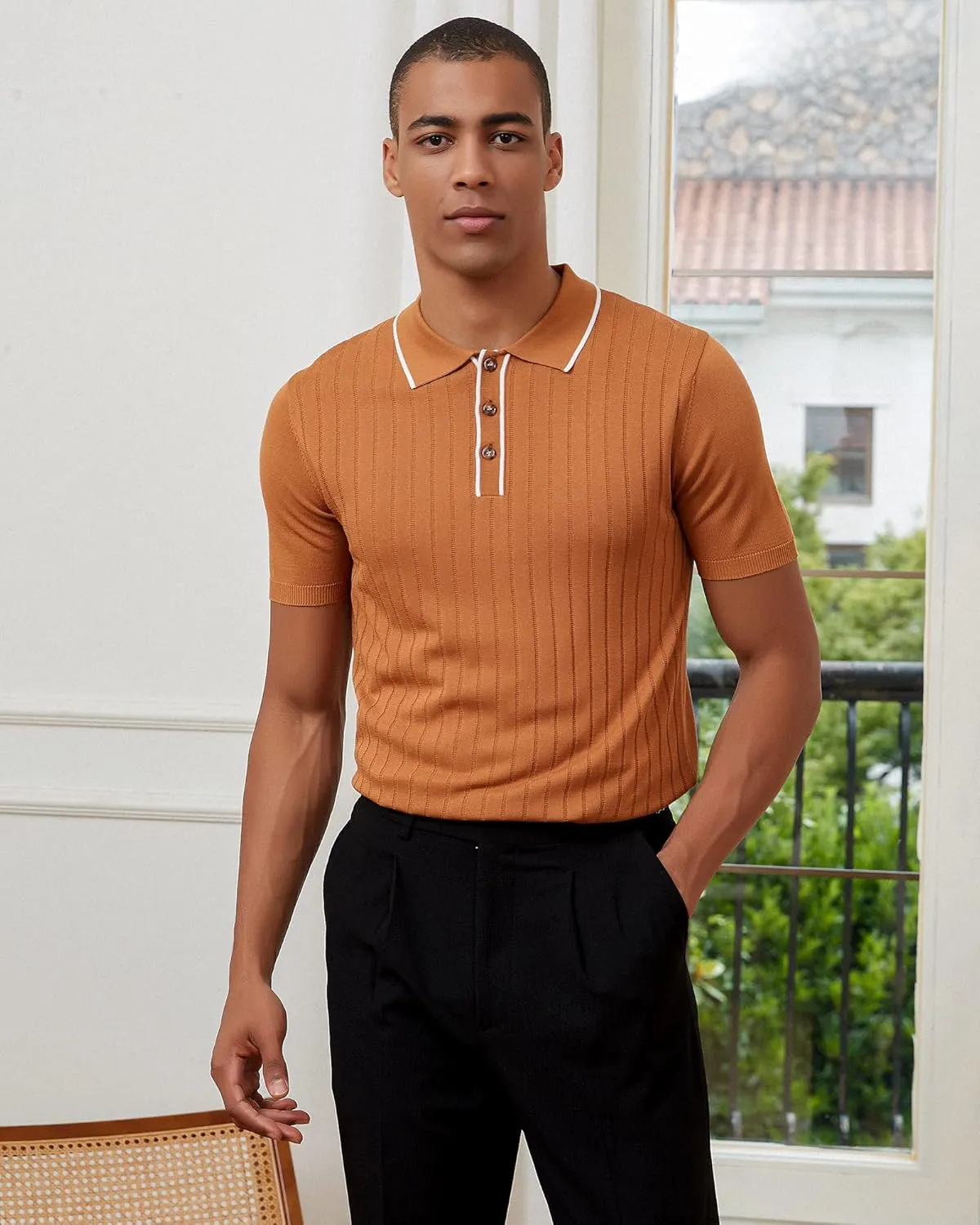 Kallspin Men's Vintage Knitted Polo Shirt Short Sleeve Solid Collared Golf Shirts with Button
