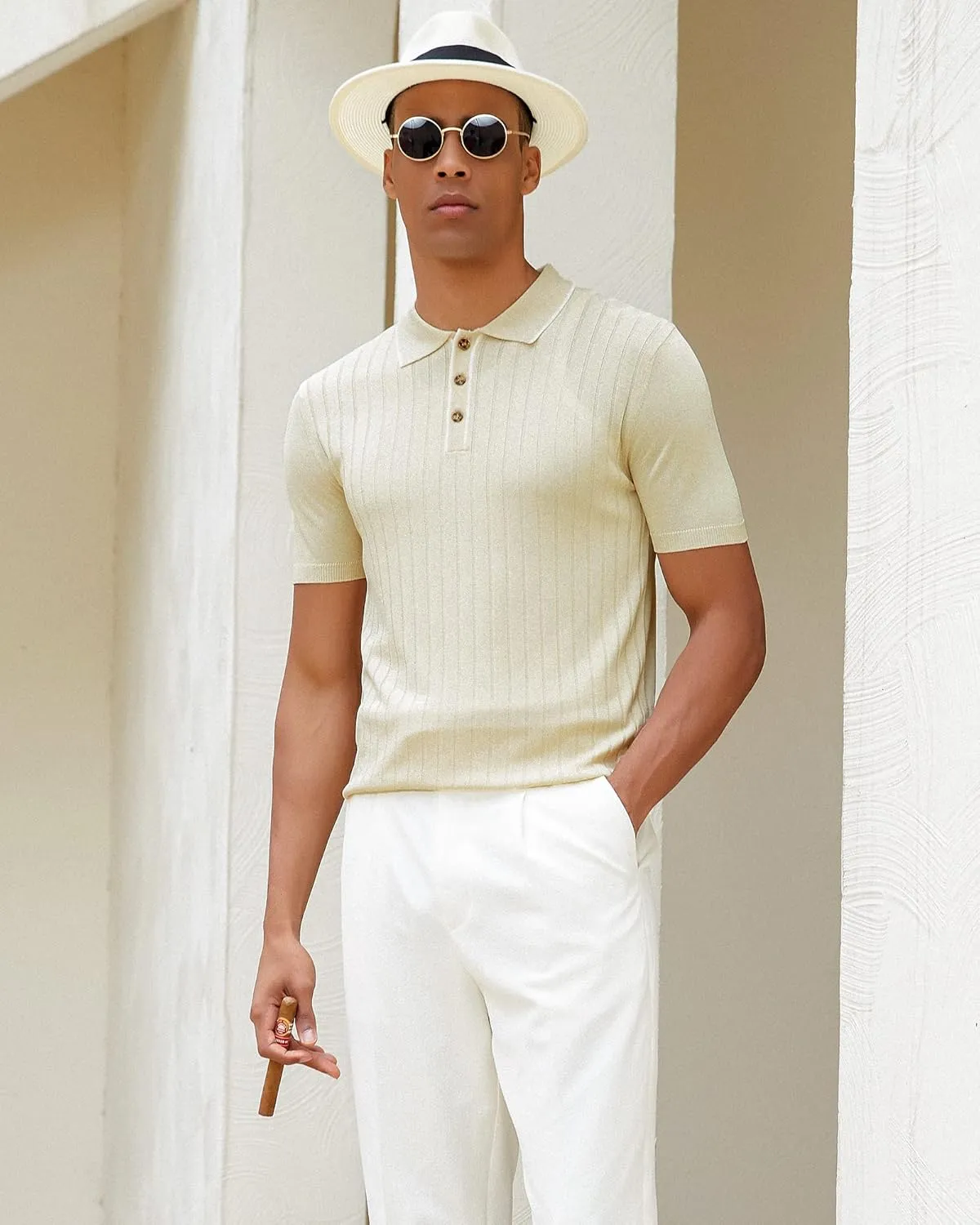 Kallspin Men's Vintage Knitted Polo Shirt Short Sleeve Solid Collared Golf Shirts with Button