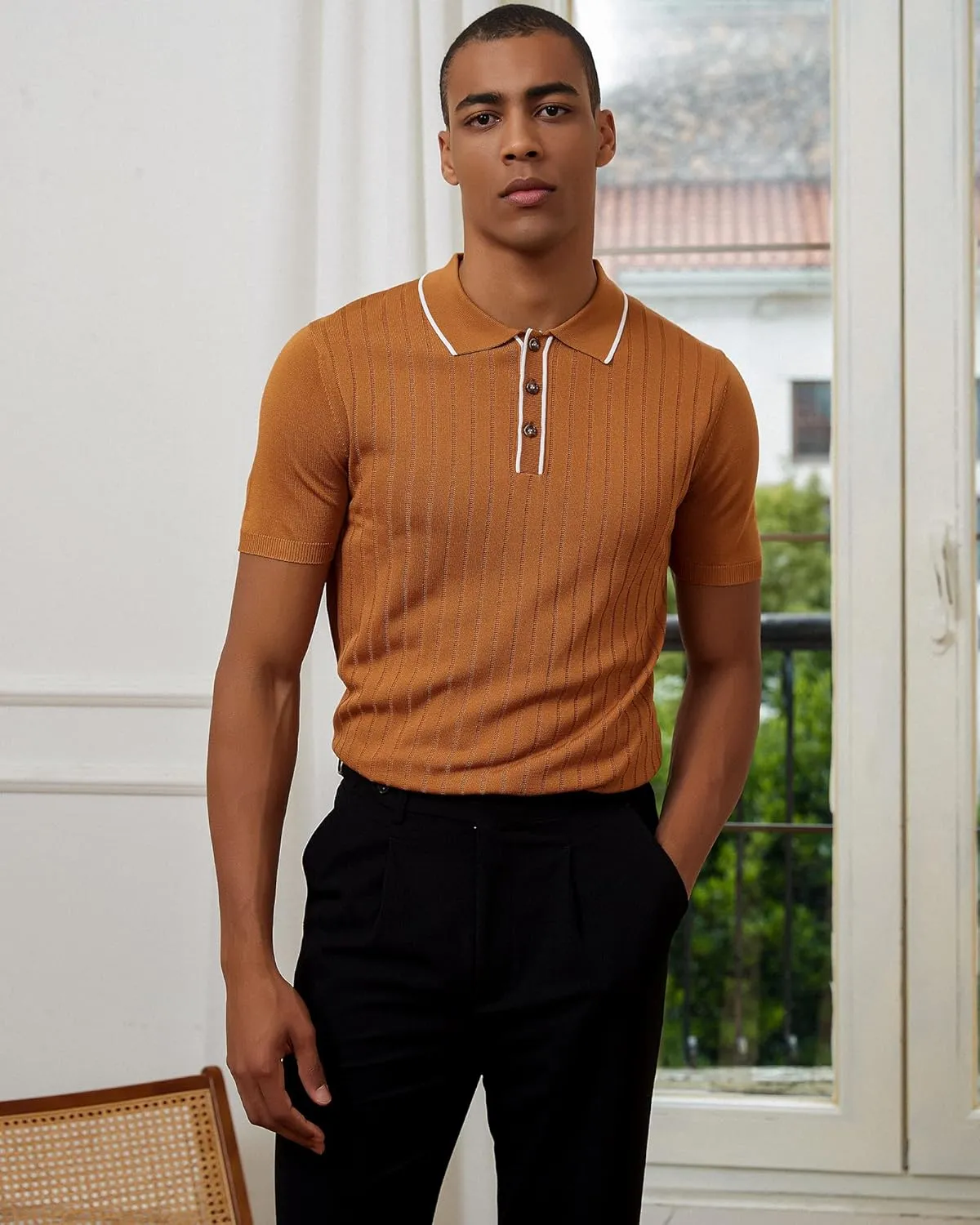 Kallspin Men's Vintage Knitted Polo Shirt Short Sleeve Solid Collared Golf Shirts with Button