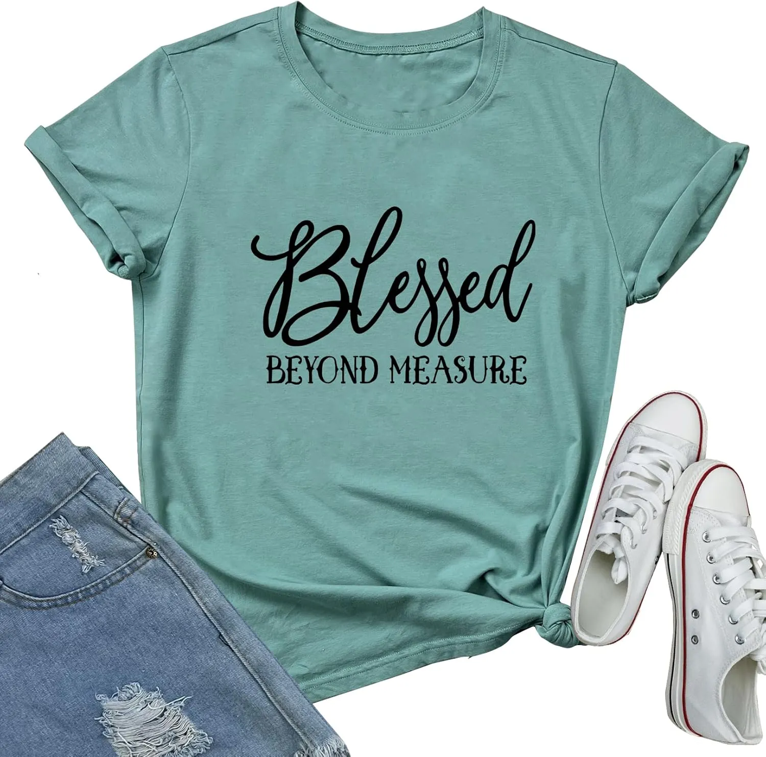 LOOKFACE Women Blessed Beyond Measure Graphic Funny Cute T Shirts (Gift Ideas)