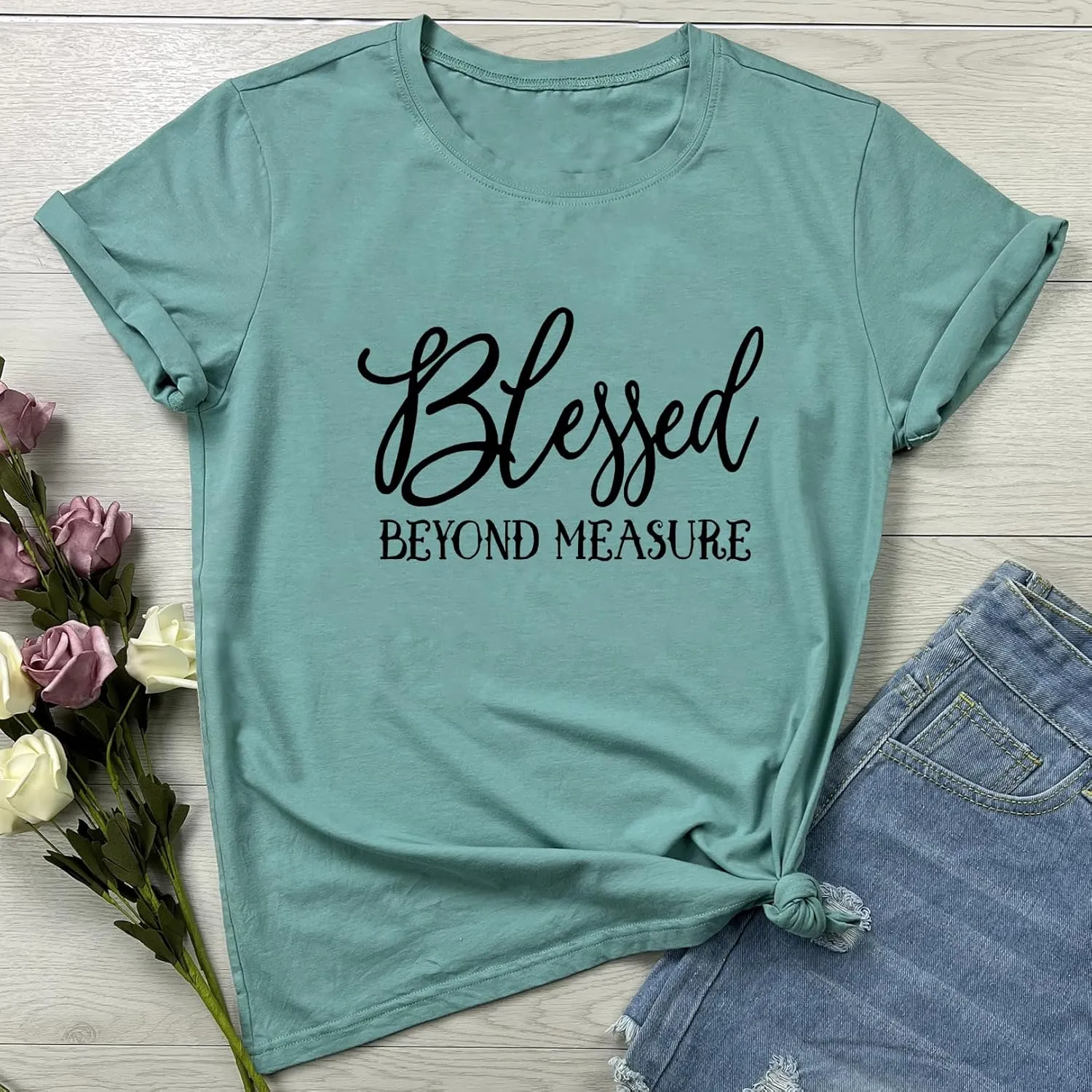 LOOKFACE Women Blessed Beyond Measure Graphic Funny Cute T Shirts (Gift Ideas)