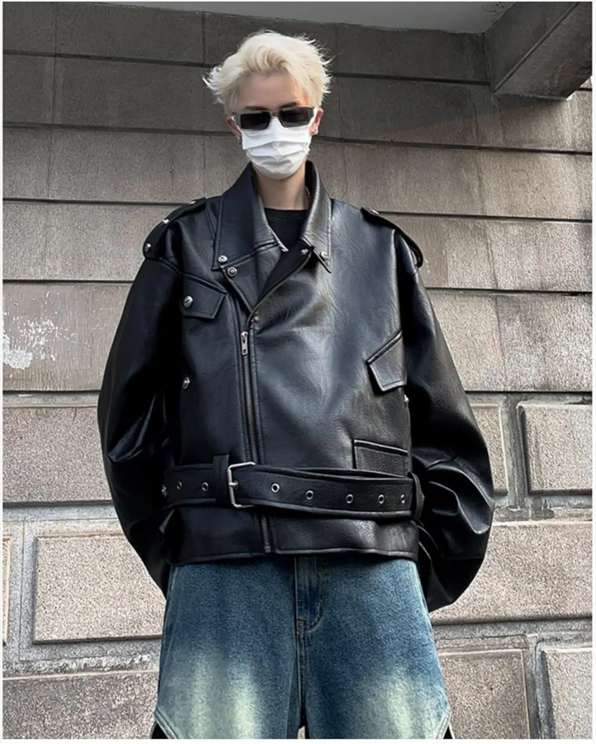 Maiyifu-GJ Mens Faux Leather Biker Jacket Vintage Asymmetric Zip Motorcycle Jackets PU Lightweight Punk Belted Slim Coat