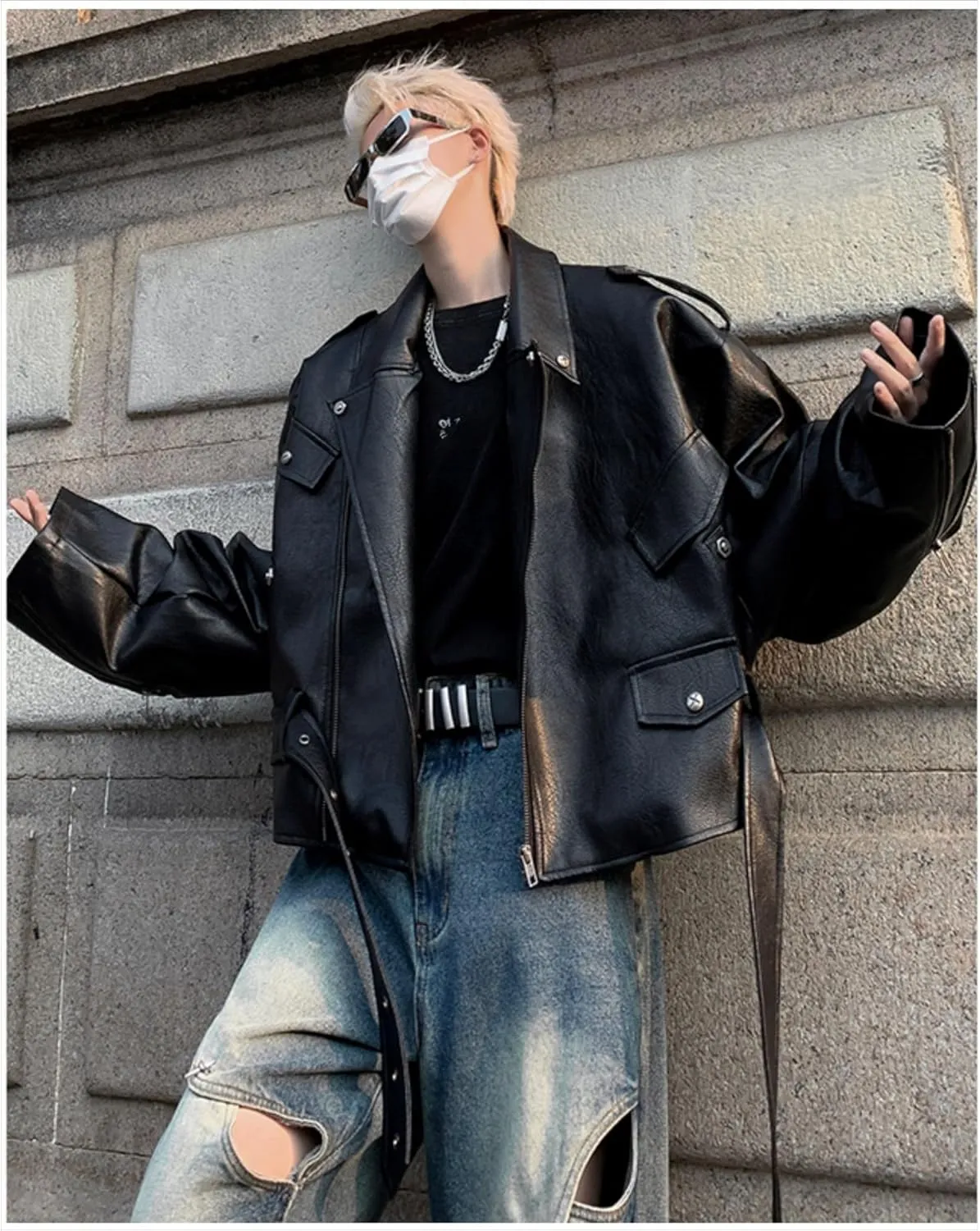 Maiyifu-GJ Mens Faux Leather Biker Jacket Vintage Asymmetric Zip Motorcycle Jackets PU Lightweight Punk Belted Slim Coat