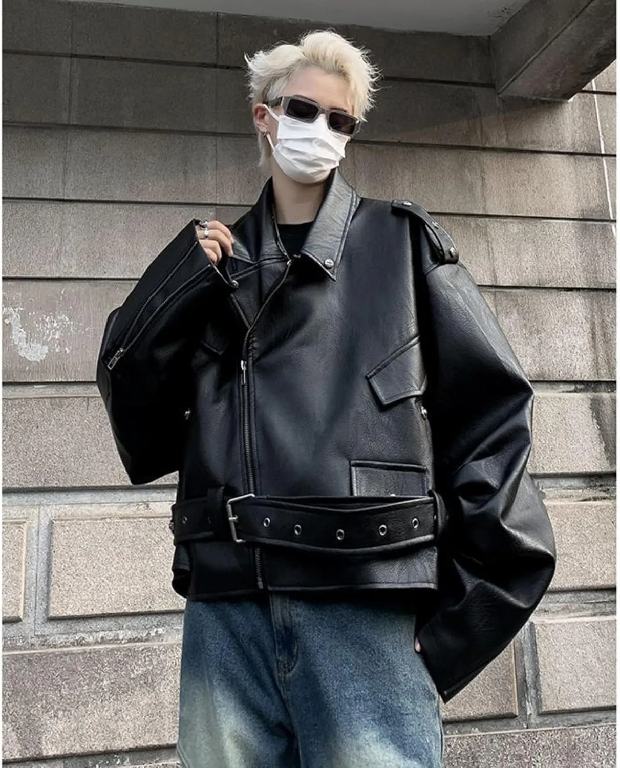 Maiyifu-GJ Mens Faux Leather Biker Jacket Vintage Asymmetric Zip Motorcycle Jackets PU Lightweight Punk Belted Slim Coat