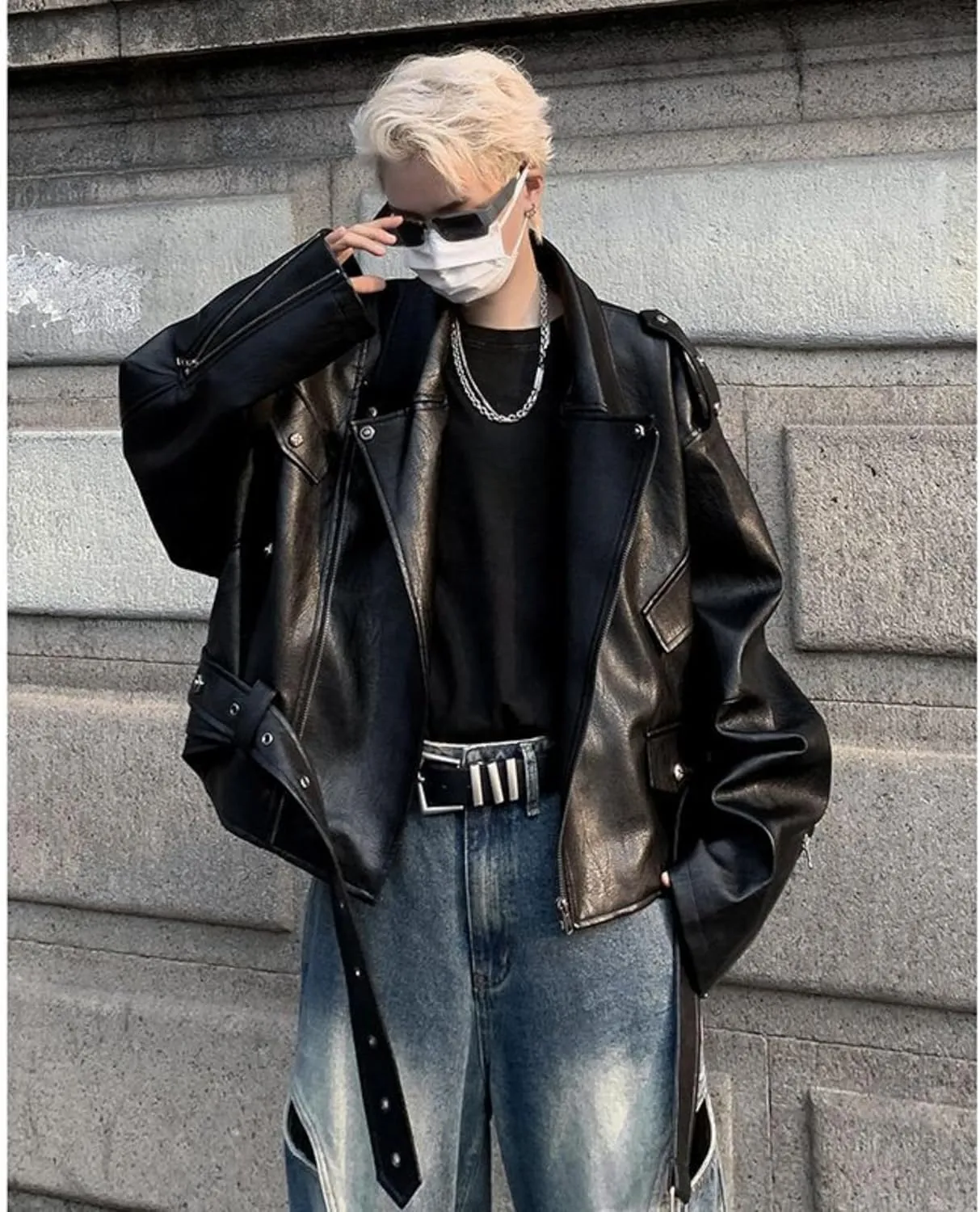 Maiyifu-GJ Mens Faux Leather Biker Jacket Vintage Asymmetric Zip Motorcycle Jackets PU Lightweight Punk Belted Slim Coat