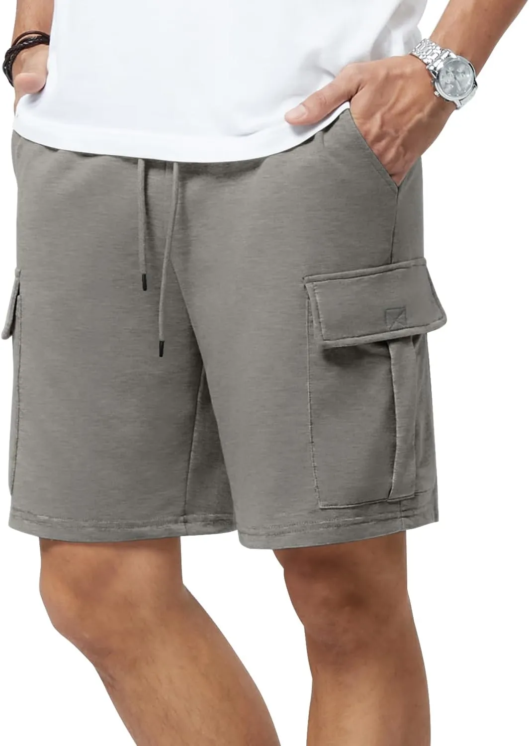 Mens Casual Sweat Cargo Cotton Shorts Drawstring Elastic Waist Athletic Workout Gym Jogger Shorts with 5 Pockets