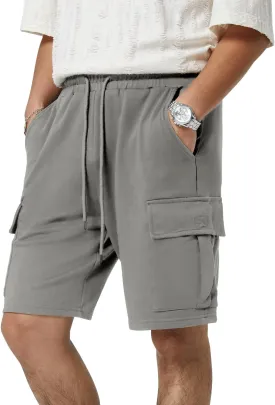 Mens Casual Sweat Cargo Cotton Shorts Drawstring Elastic Waist Athletic Workout Gym Jogger Shorts with 5 Pockets