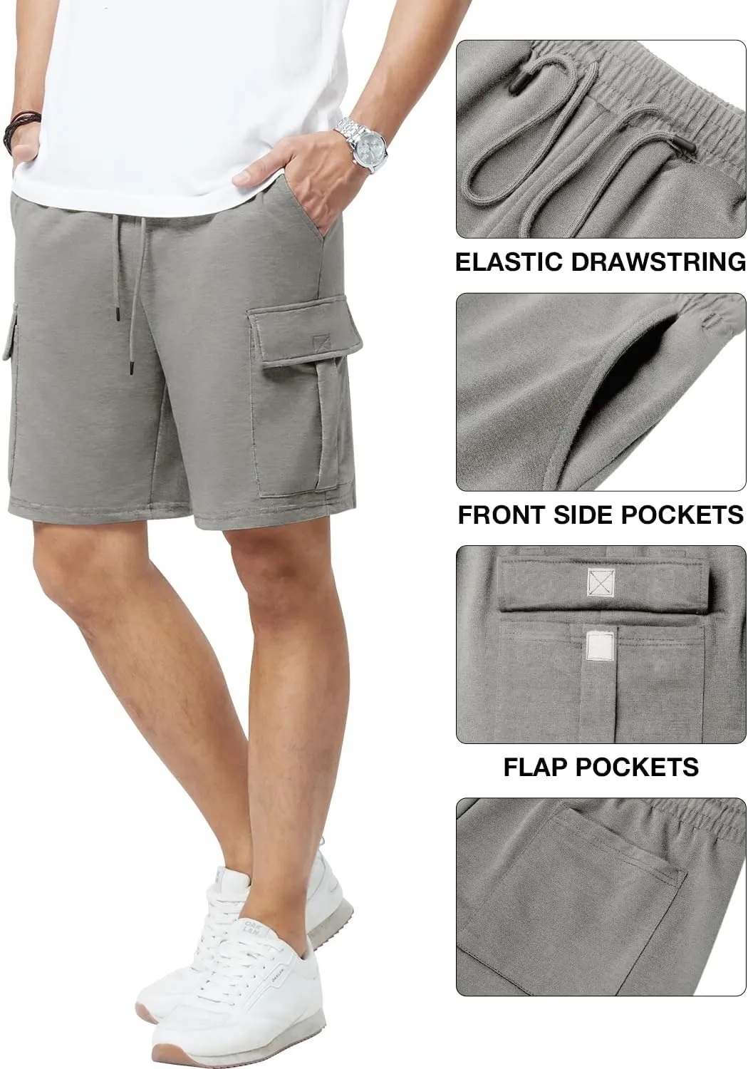 Mens Casual Sweat Cargo Cotton Shorts Drawstring Elastic Waist Athletic Workout Gym Jogger Shorts with 5 Pockets