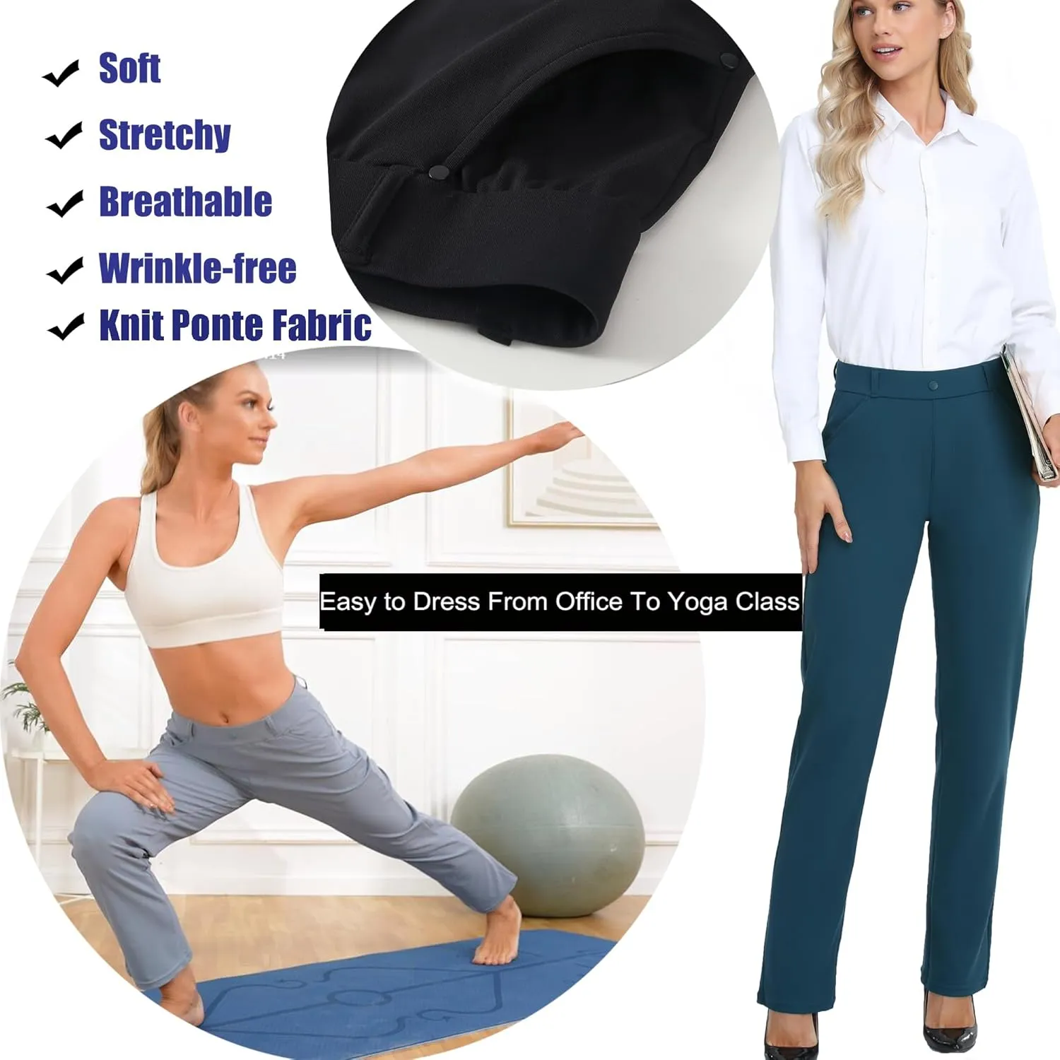 Oalka Women's Dress Pants Straight Leg Yoga Work Stretchy Pant for Office Business