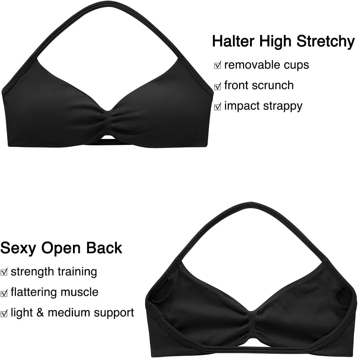 OMKAGI Halter Sports Bras for Women Padded Strappy Bra Open Back Workout Gym Crop