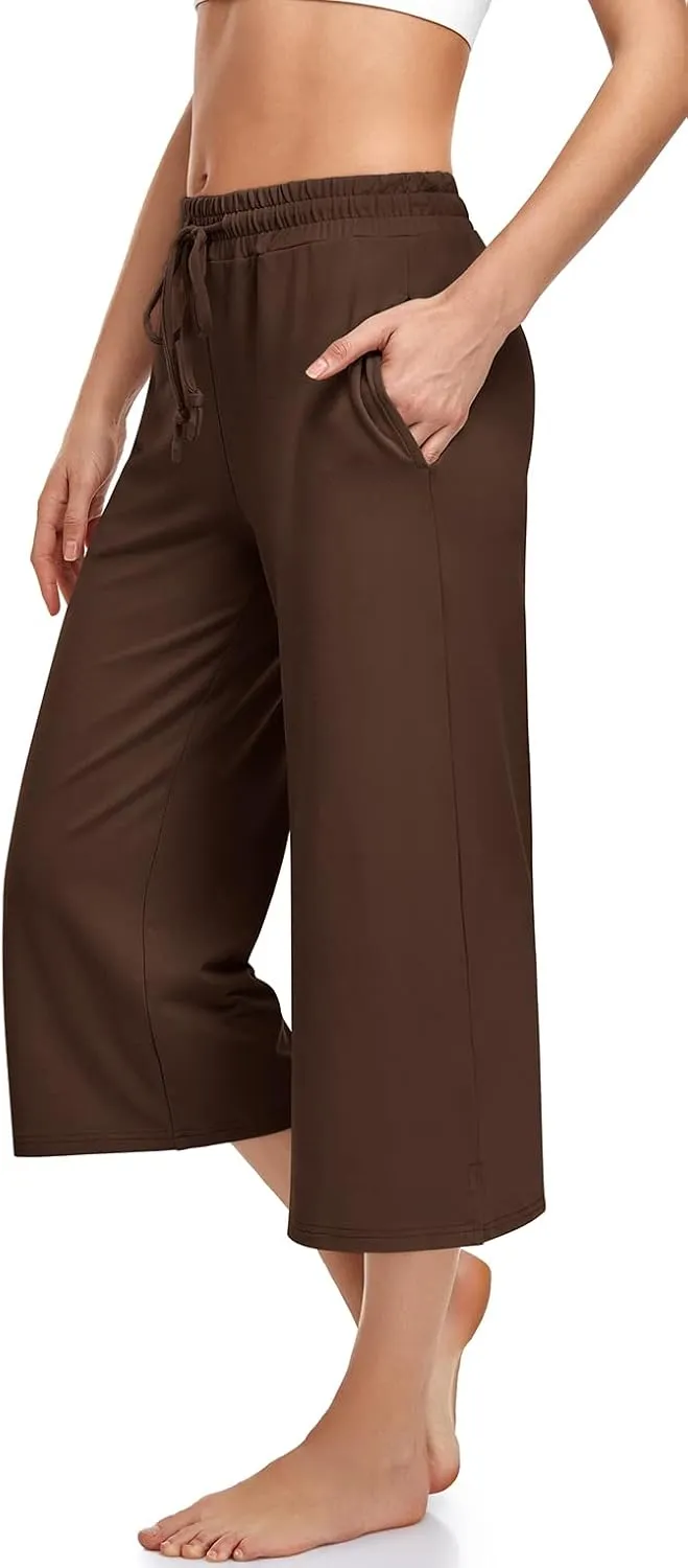 UEU Womens Capri Yoga Pants Summer Wide Leg Loose Casual Cropped Lounge Drawstring Pajama Capris Sweatpants with Pockets