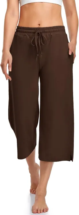 UEU Womens Capri Yoga Pants Summer Wide Leg Loose Casual Cropped Lounge Drawstring Pajama Capris Sweatpants with Pockets