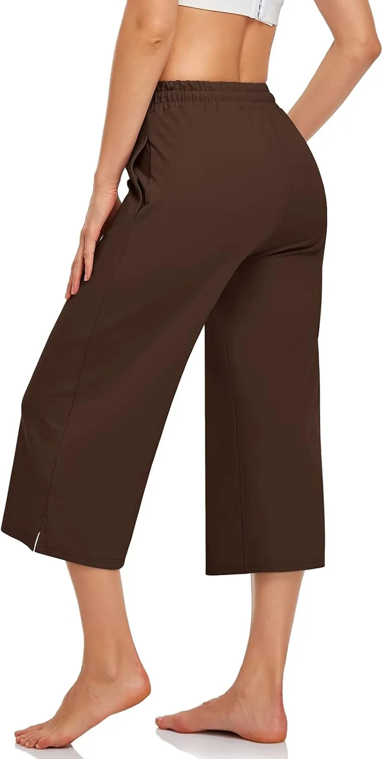 UEU Womens Capri Yoga Pants Summer Wide Leg Loose Casual Cropped Lounge Drawstring Pajama Capris Sweatpants with Pockets