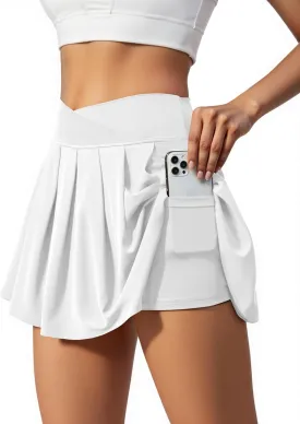 Women's Athletic Skirts Crossover Wide Waistband Flowy Tennis Sports Skort with Inner Shorts Pockets